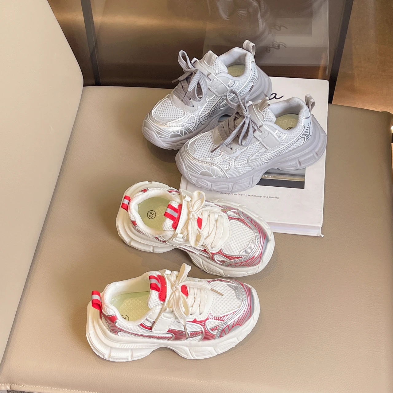 

Kids'Casual Shoes Sneakers Mesh Spring Shoes For Girls Breathable Anti-slip Thick Bottom Silver Red Shoes Size 26-37