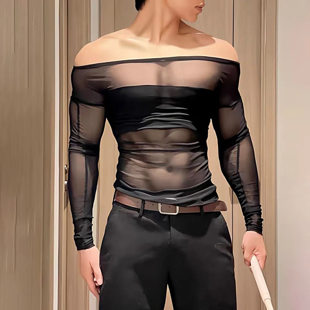 Winter New Men's Patchwork Sheer Long-Sleeve T-Shirt Sexy American Retro Fashion Trendy High Street Slim Casual Niche Men's Top