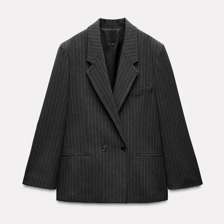 Automne 2024 Double boutonnage décontracté trajet rayé ample Long Sve irt col costume Jaet coupe droite polyvalent fabriqué chinois