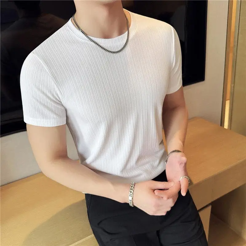 

Мужская футболка из ледяного шелка с коротким рукавом, круглым вырезом, летняя, дышащая, приталенная, универсальная, с цветными полосками