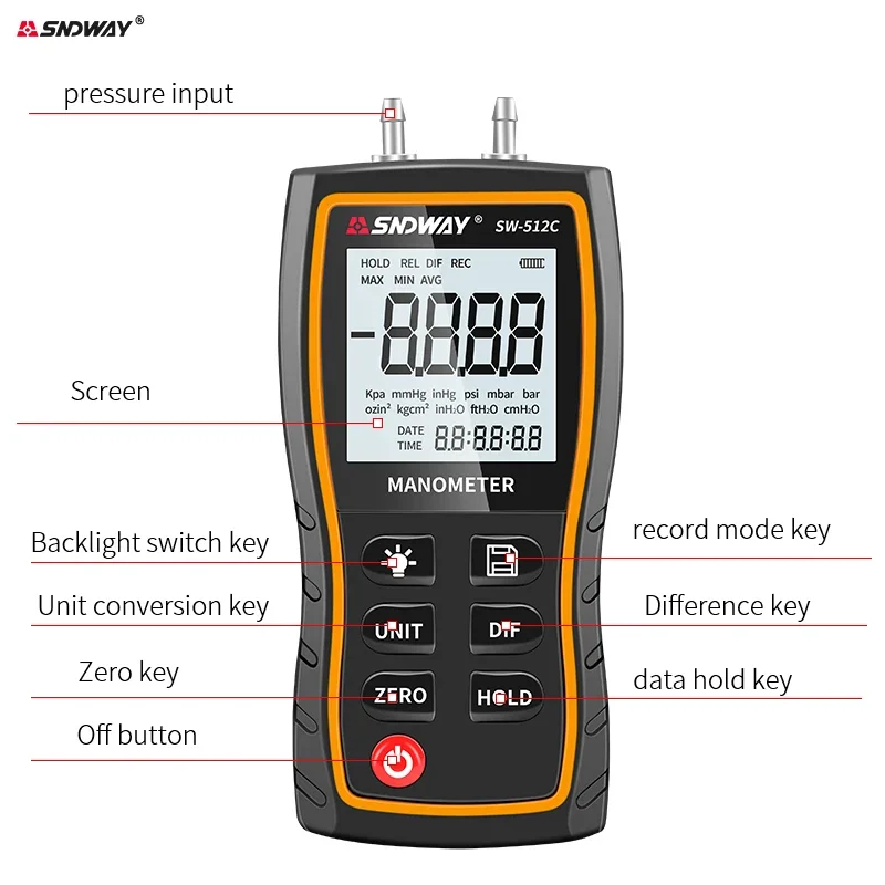 

SNDWAY SW-512 Series Digital Manometer Air Pressure Gauge +-103.42 KPa 0.01 Resolution air pressure Differential Gauge Kit Tool