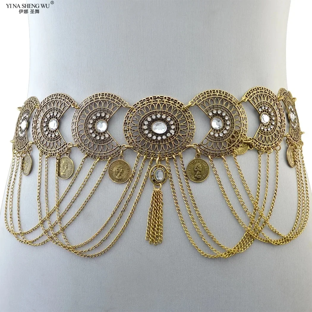 

Sexy Hollow Out Waist Chains Crystal Indian Belly Chains Gypsy Women Retro Tassel Coins Pendant Waist Belt Dance Chain