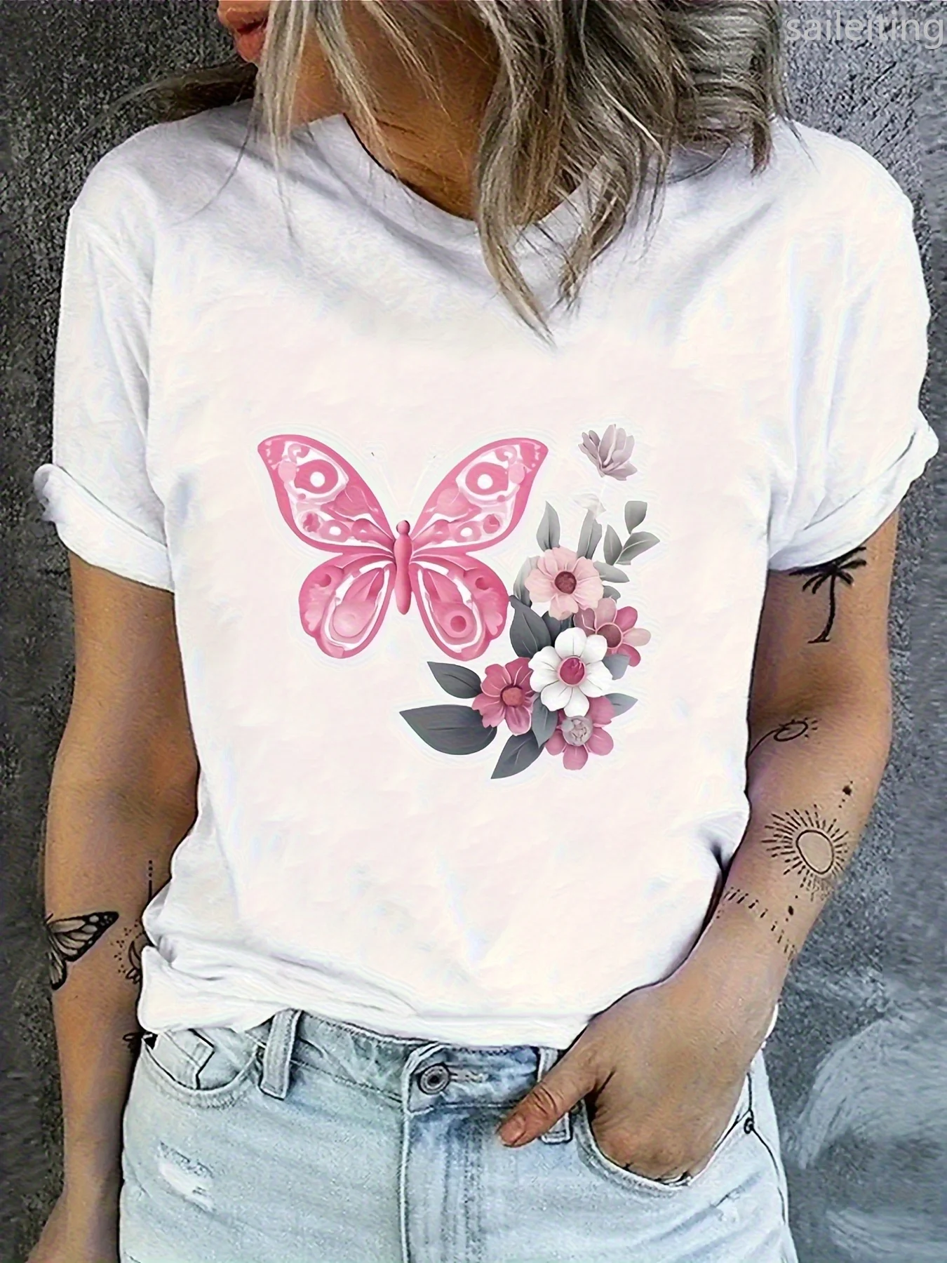 ユニセックスピンク蝶と花柄 Tシャツカジュアルに適した原宿スリーブカジュアル婦人服ストリート美的服