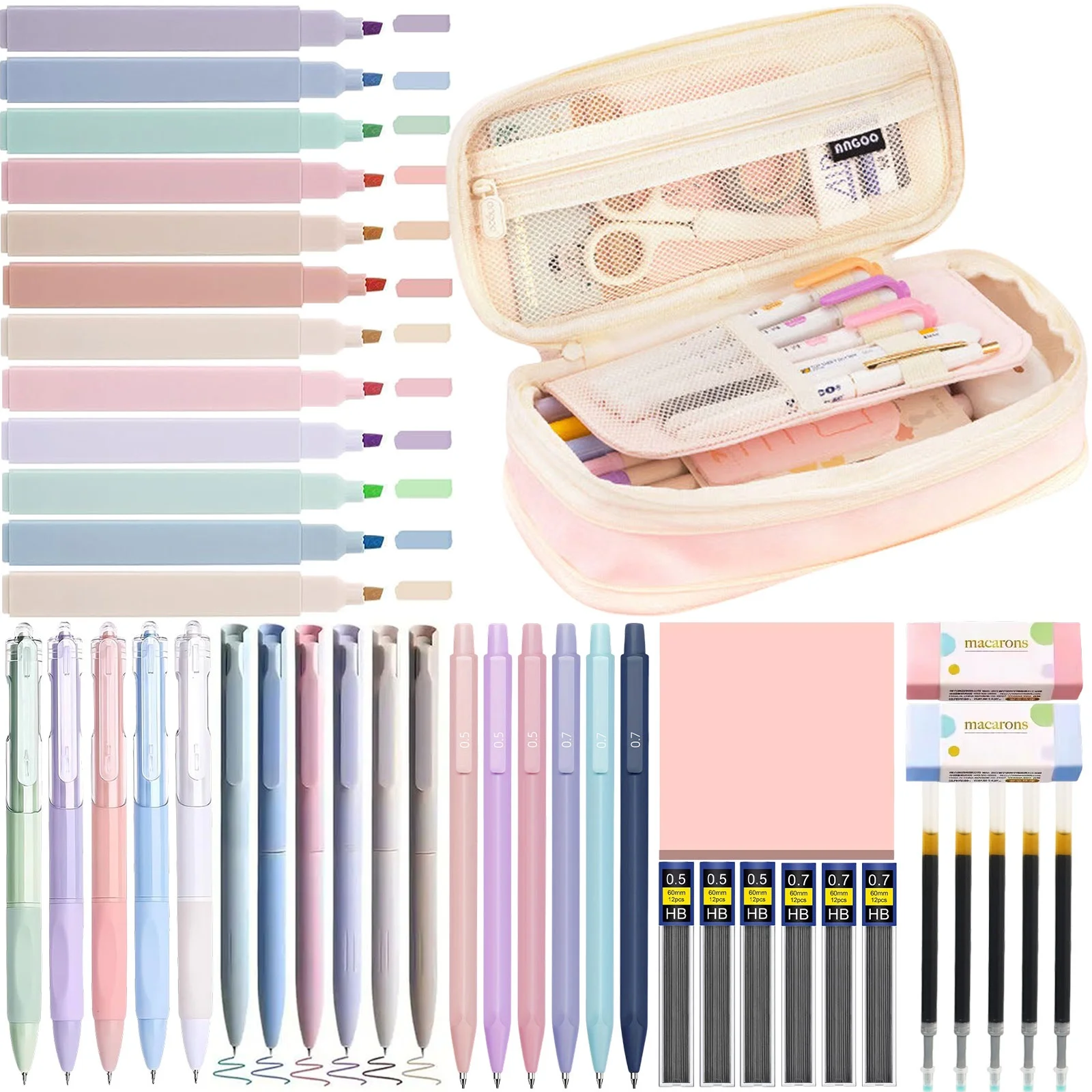 44 piezas de papelería elegante, incluida una estuche para lápices de gran capacidad, 12 resaltadores, 11 bolígrafos de gel y 6 bolígrafos estilográficos.