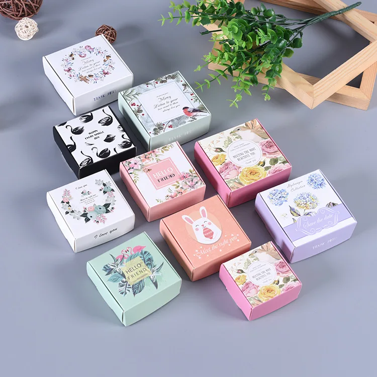 100pcs Small Paper Handmade Soap Boxes Flower Printed Party Present Gift Packaging Box Sweet Birthday Wedding Favor Boxes