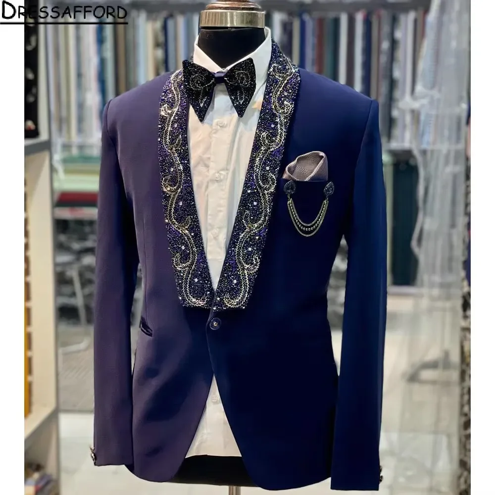 Luxury Crystal Beading Formal Men Suits 2 Piece Fashion Business Casual Wear Party Wedding Groom Tuxedo Jacket And Pants