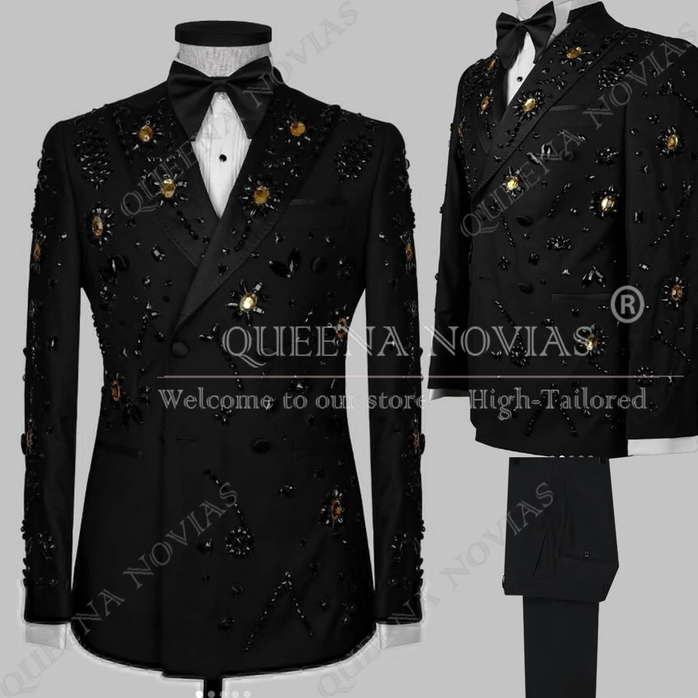 Smoking da sposo da sposa strass perline pietre blazer da ballo abiti personalizzati uomo 2 pezzi uomo abiti da banchetto trajes para hombre