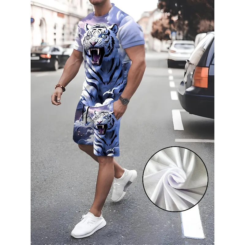 2025 Creative Fashion New Trend Summer 3D Digital Printing Casual Round Neck Short Sleeved Shorts Set Retro Men's T-shirt