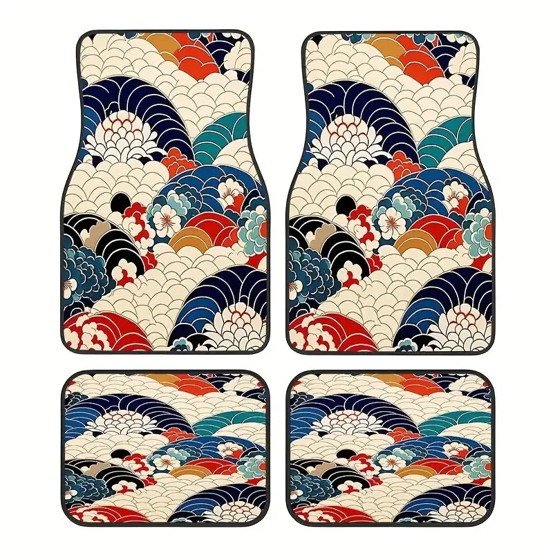 4pcs Japanese-Style Patterned Car Rubber Mats | Universal Anti-Slip, Easy-To-Clean Interior Additions, Made Of Synthetic Rubber,