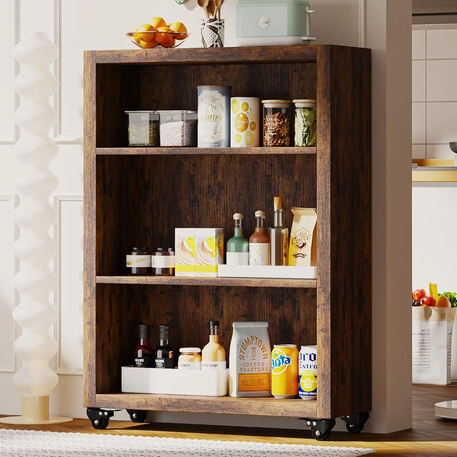 3-Tier Bookshelf with Wheels Book Storage Organizer Bookcase Floor Standing Fixed Shelves Adjustable Shelf Display Shelves