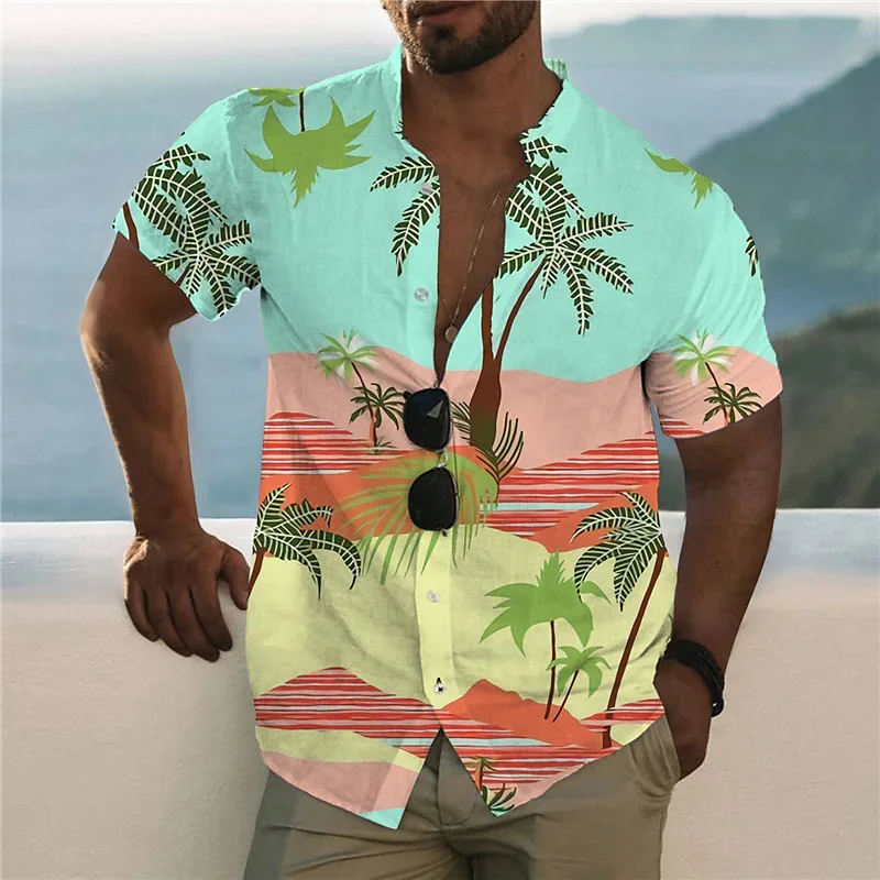 2024 Cotton Summer Shirts Men\'s Hawaiian Shirt Casual Fashion Street Short Sleeves Coconut Tree Beach Vacation Party Men\'s Shirt