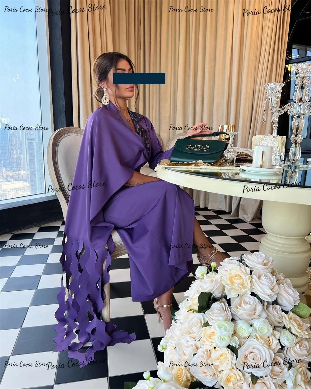 Customized Temperament Straight Long Sleeve Solid Color Formal Party Dress V Neck Prom Gown Ankle-Length Evening فساتين السهرة