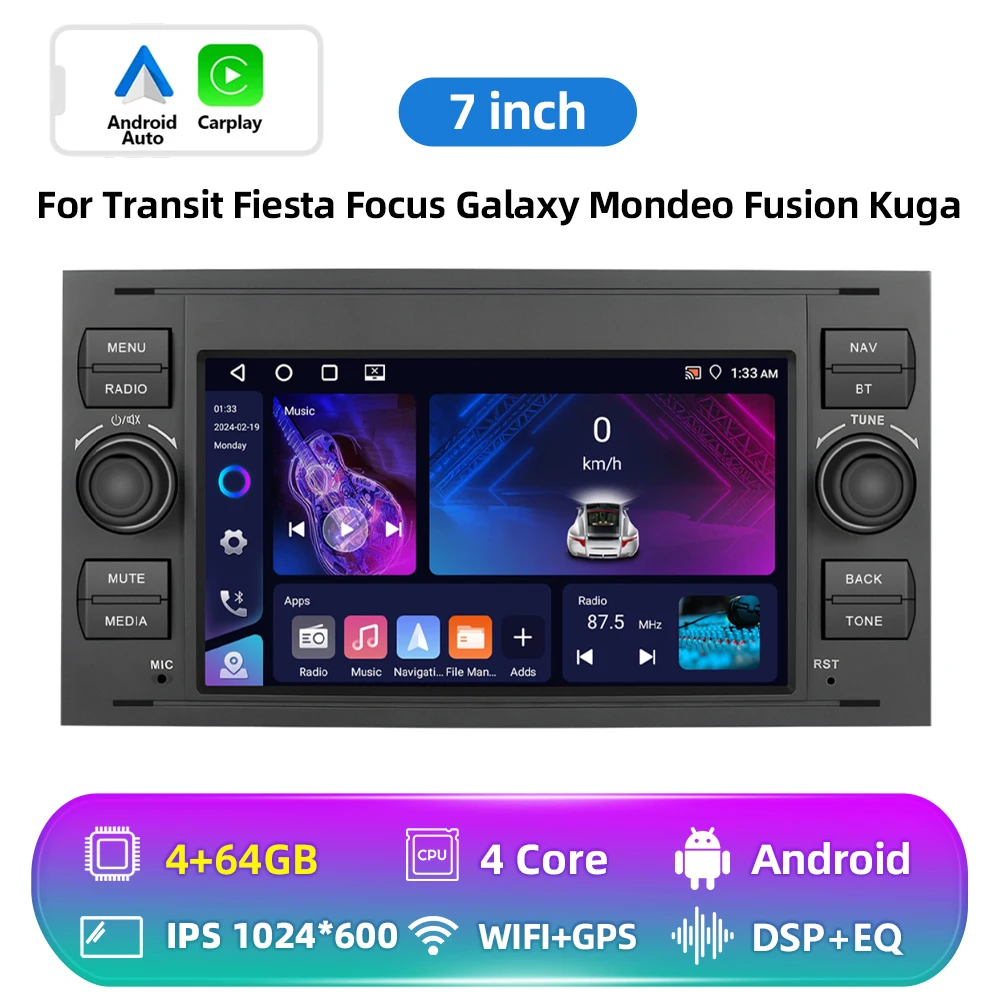 Podofo 7-Zoll Carplay Android Autoradio mit GPS-Navigation für Ford Focus Transit Fiesta Galaxy Mondeo Fusion Kuga C-Max Multifunktionales Auto-Stereo