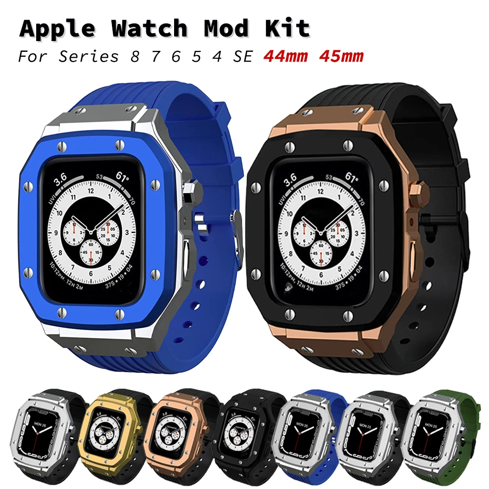 Custodia in acciaio inossidabile + cinturino in gomma per iWatch 9 45mm 44MM Kit di modifica cinturino in Silicone per Apple Watch Series 9 6 5 4 SE