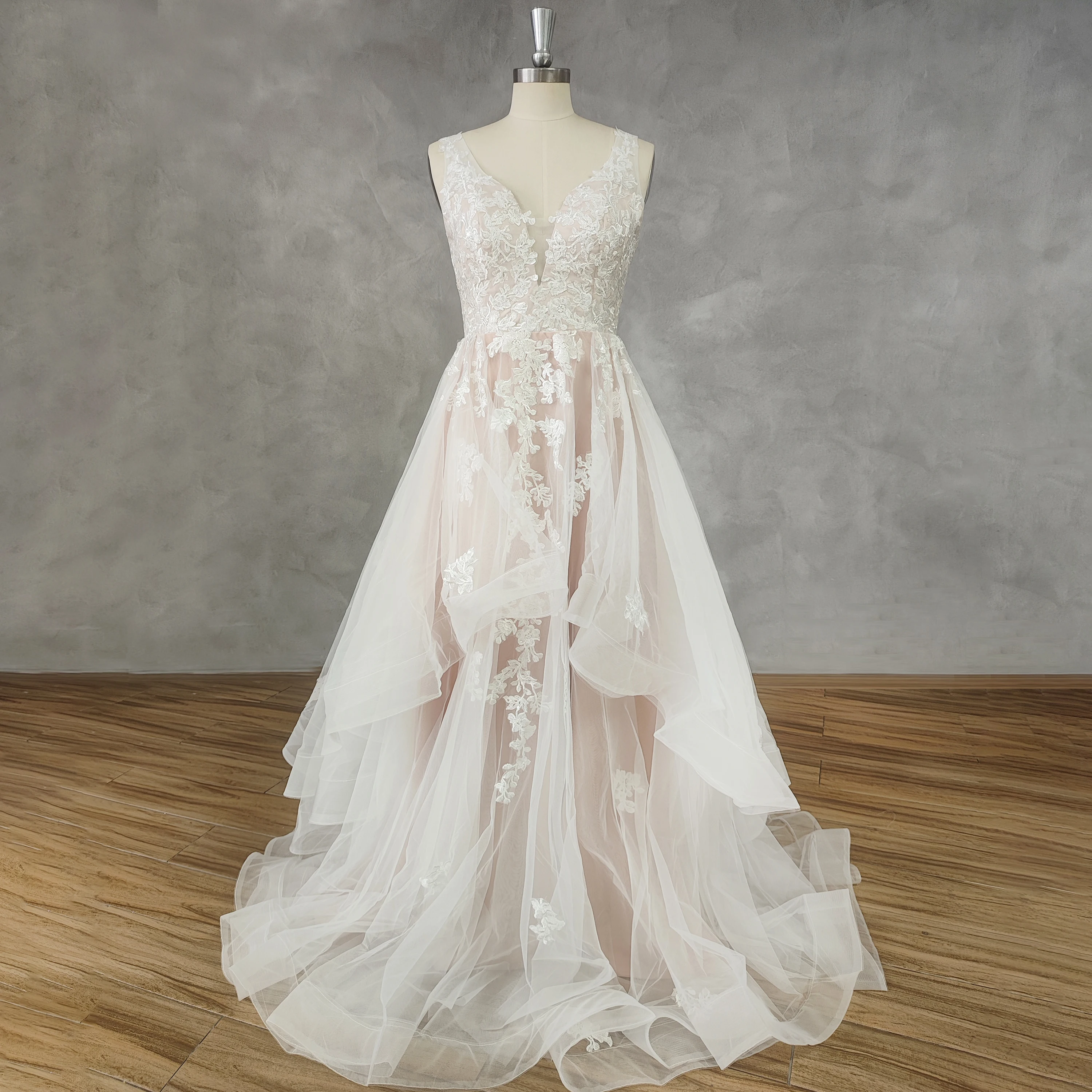 DIDEYTTAWL Real Picture V-Neck Organza Tiered A-Line Wedding Dress For Women Zipper Back Appliques Court Train Bridal Gown