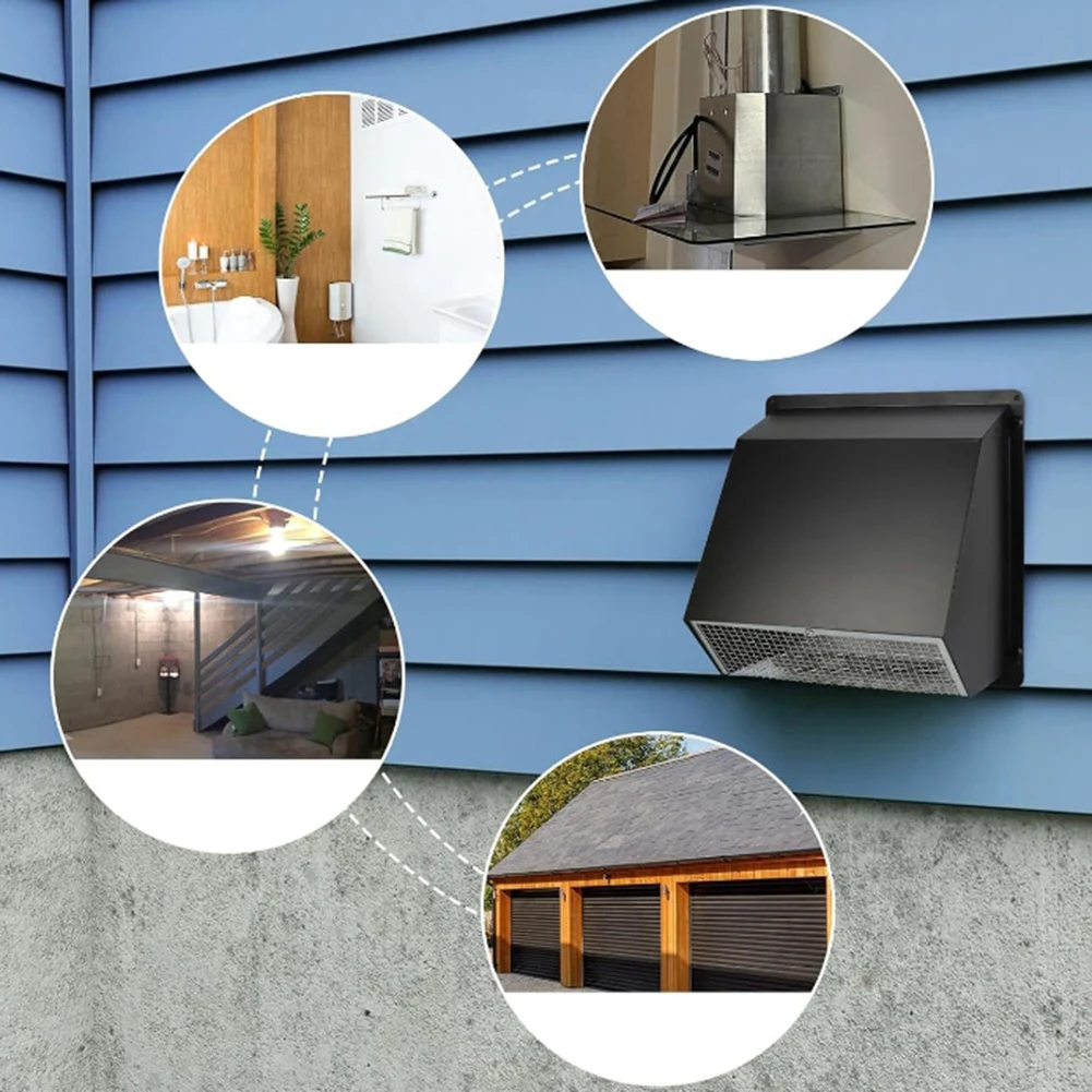 Wall Mounted 6 Inch Exhaust Vent Cover for Outdoor Kitchen Range Hood Dryer and Bathroom Fan Galvanized Steel Black