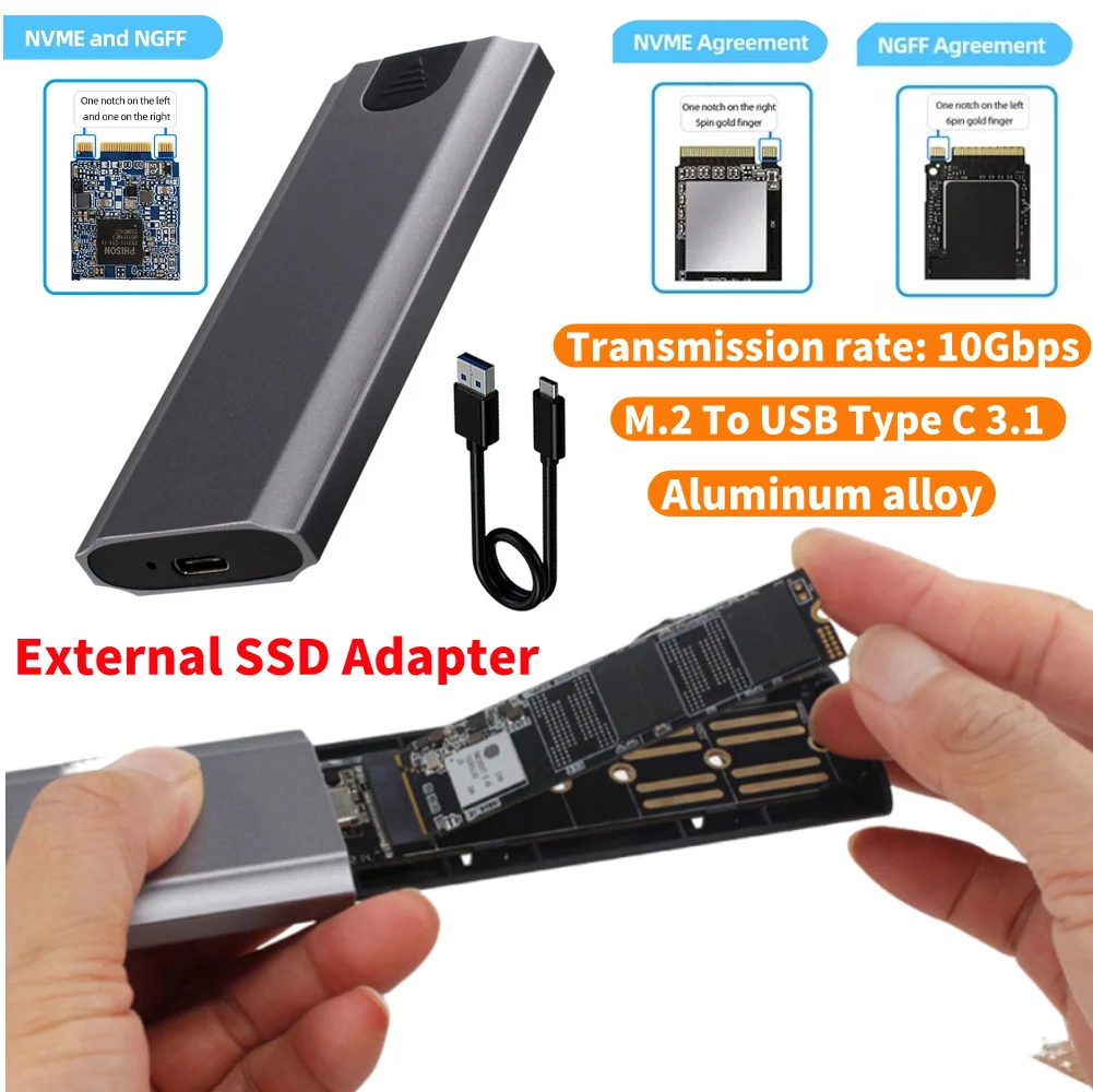 

M.2 To USB Type C 3.1 External SSD Adapter 10Gbps NVME/NGFF Dual Protocol SSD Enclosure Tool-Free M/B/(B+M) Key Supoort for SSD