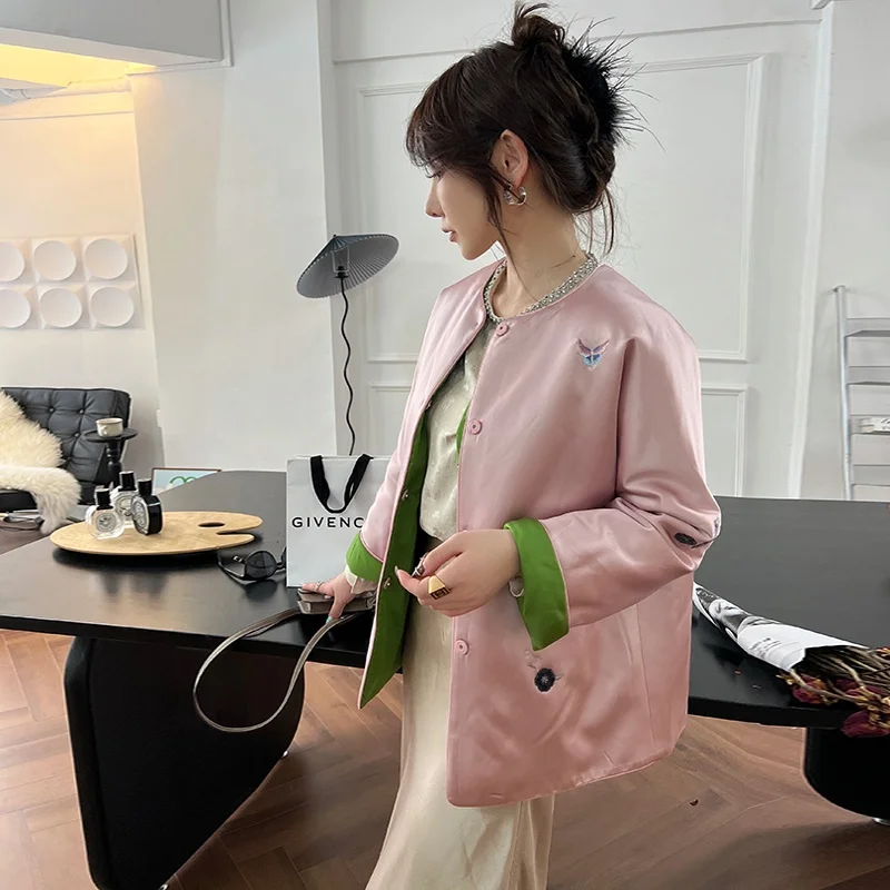 

High-End Chinese Sle Embroidered Pink Cotton Jaet Women's Loose Tang Costume Cotton Clothes Winter New Arrival