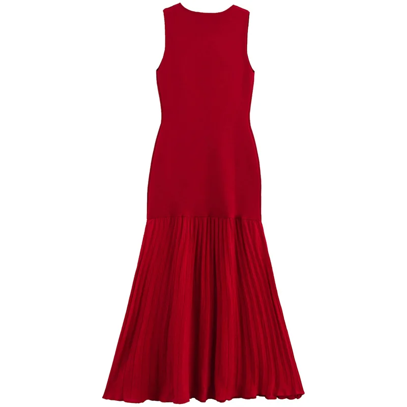 HXAO Red Dress Women's Dress Spring Summer 2025 Ruffled Knit Patchwork Long Dresses Casual Party Dresses Chic Sleeveless Vestido