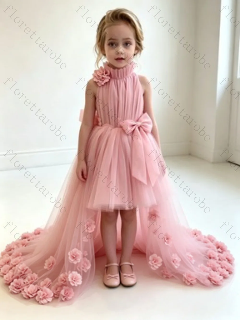 Customized Pink Sleeveless Flower Girl Dress 3D Floral Appliques Big Bow Back Tulle Ball Gown Wedding Bridesmaid Birthday Party