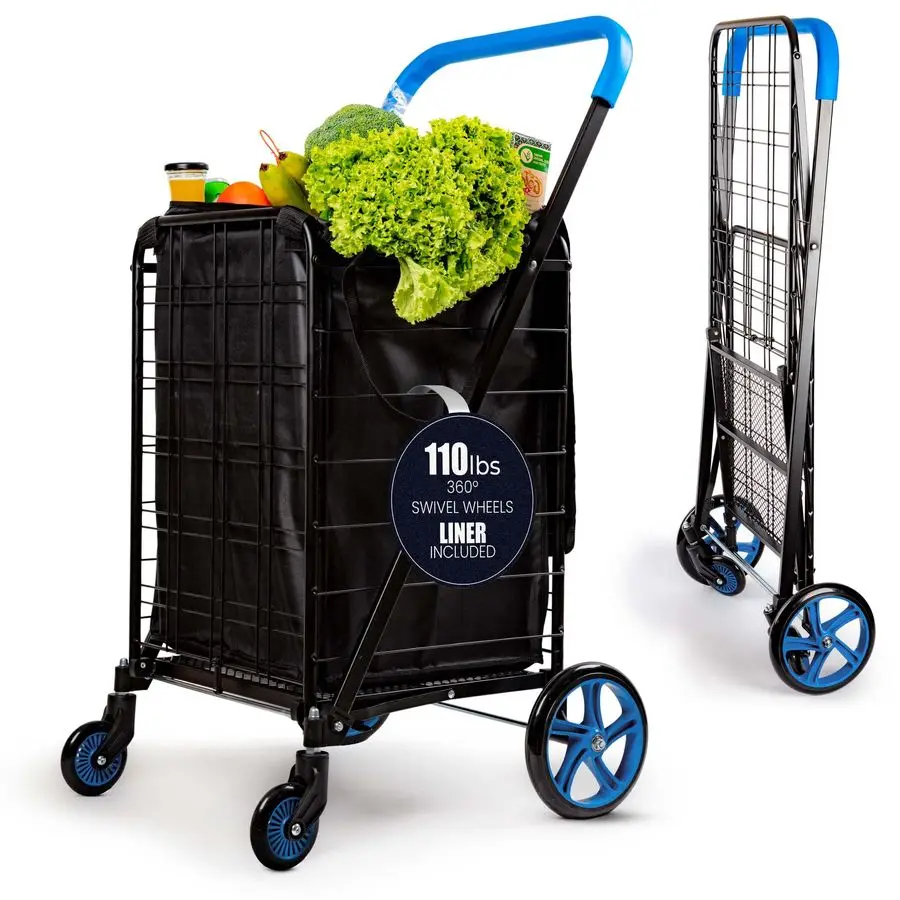 

Large Folding Utility Shopping Cart with Removable Liner Heavy Duty, 360 Swivel Wheels, 110 lb Capacity, Portable for Groceries,