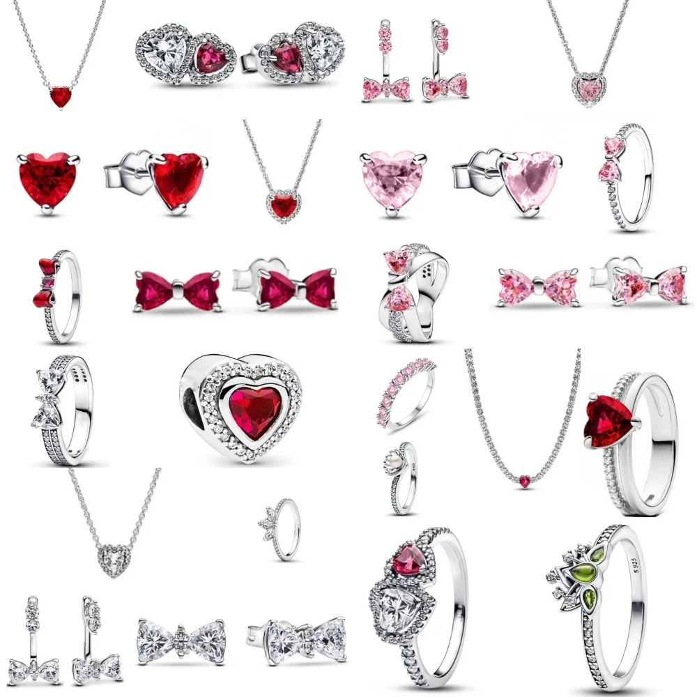 2025 New 925 Silver Pink Red Bow Earrings, Ring Suitable For European Women's Valentine's Day, Mother's Day Charm Jewelry