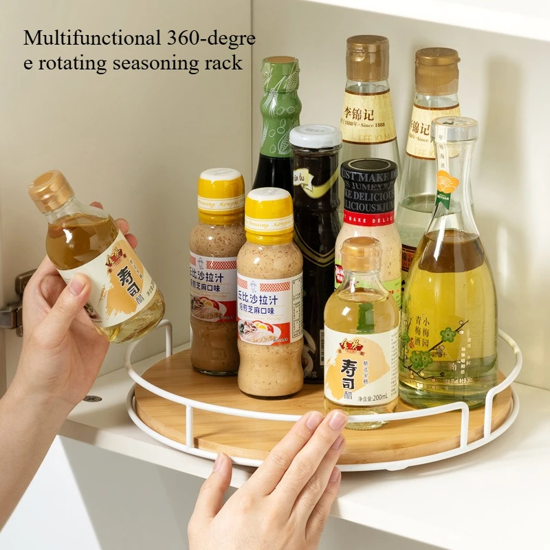 

360° Rotating Spice Organizer, Under-Cabinet Kitchen Storage for Oil/Salt/Vinegar, Countertop Condiment Shelf with Trays