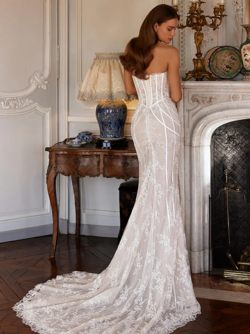 Robe de mariée sirène en dentelle de perles brillantes, longueur au sol, sans bretelles, robe de mariée de rêve, robes superbes personnalisées pour mariée, 2026