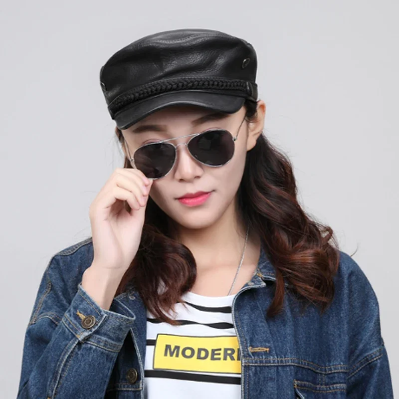 Fashion 100% High Quality Genuine Leather Unisex Military Hat  Outdoor First Layer Cowhide Leather Hat Army Hat Women Spring