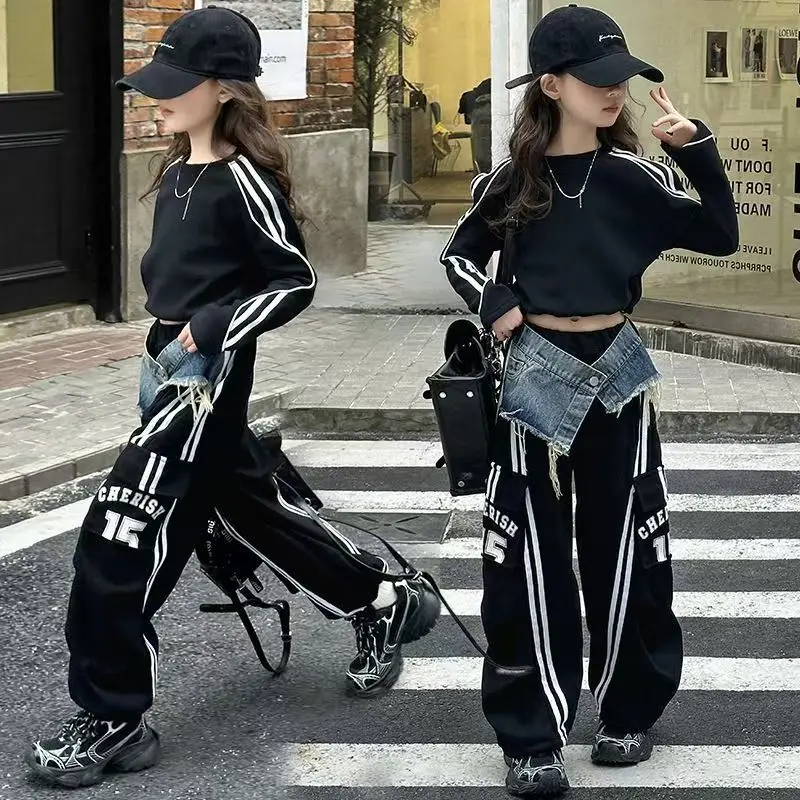 2025 spring teen girl  spliced denim drawstring work pants junior kid casual floor sports Wide leg trousers short hoodie