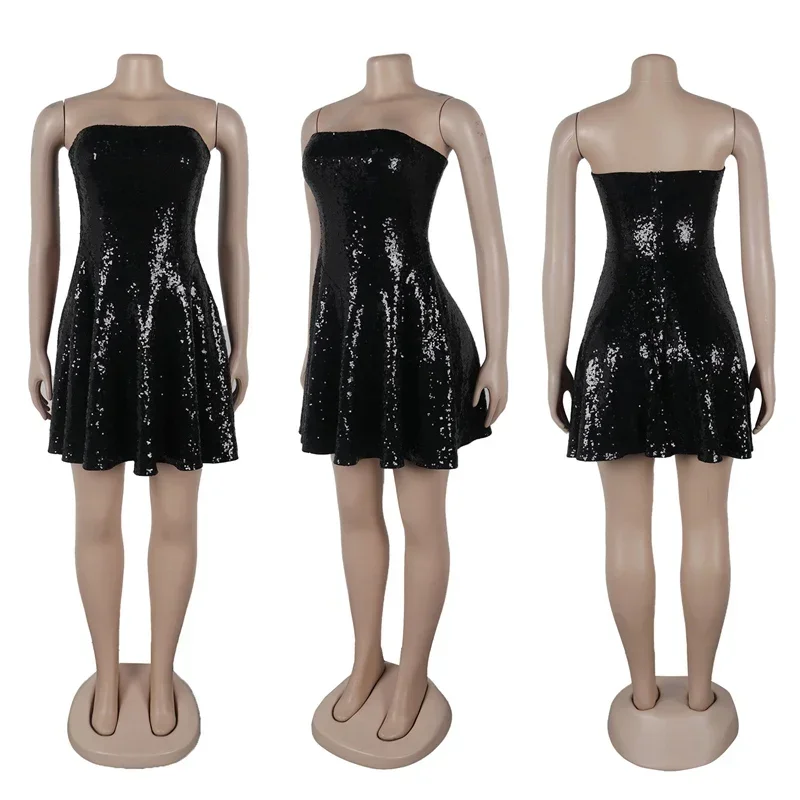 Sexy preto glitter lantejoulas vestido de aniversário para mulheres night club sem mangas sem costas sem alças magro a linha vestidos curtos