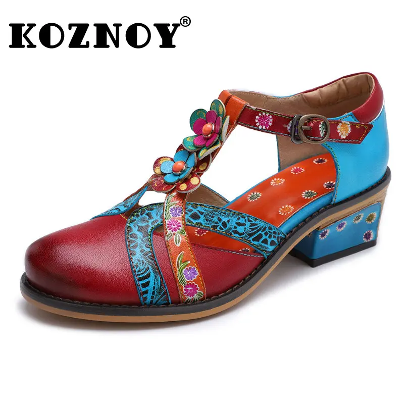 Koznoy 3.5cm Genuine Leather Ethnic Summer Women\'s Plus Size Pumps Print Luxury Elegant Females Moccasins Appliques Buckle Shoes