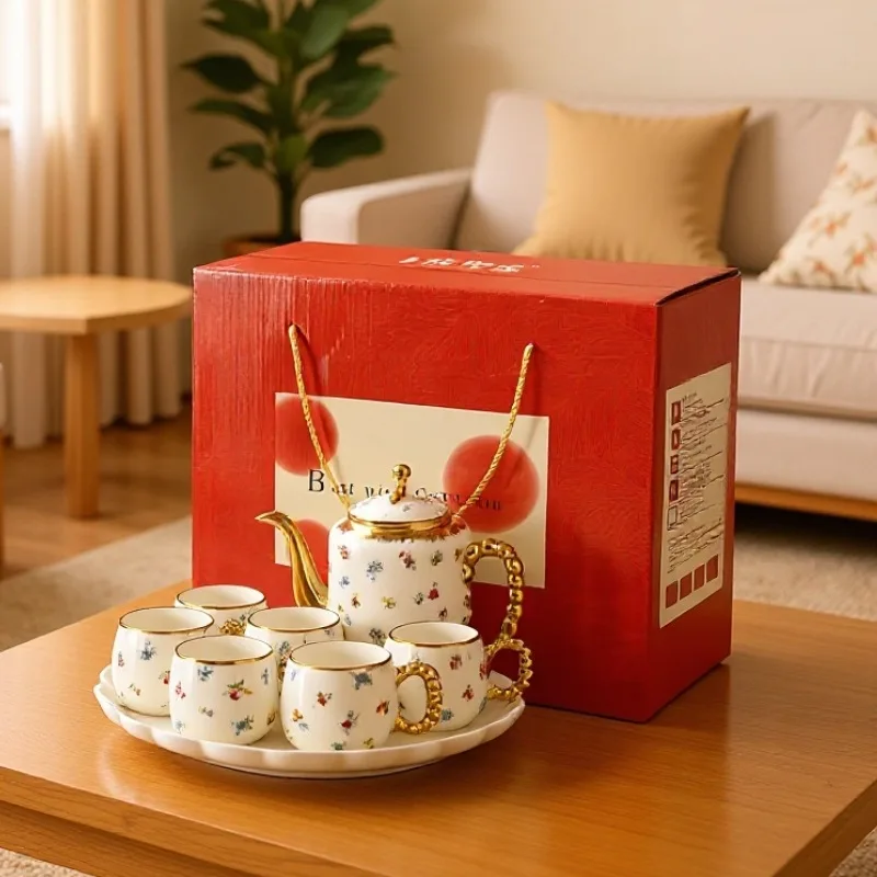 Luxury European Floral Gold Trim Ceramic Tea Set, 1Teapot  6Cups & Tray Gift Box, Vintage Home Party Serving for Restaurant Cafe view 5