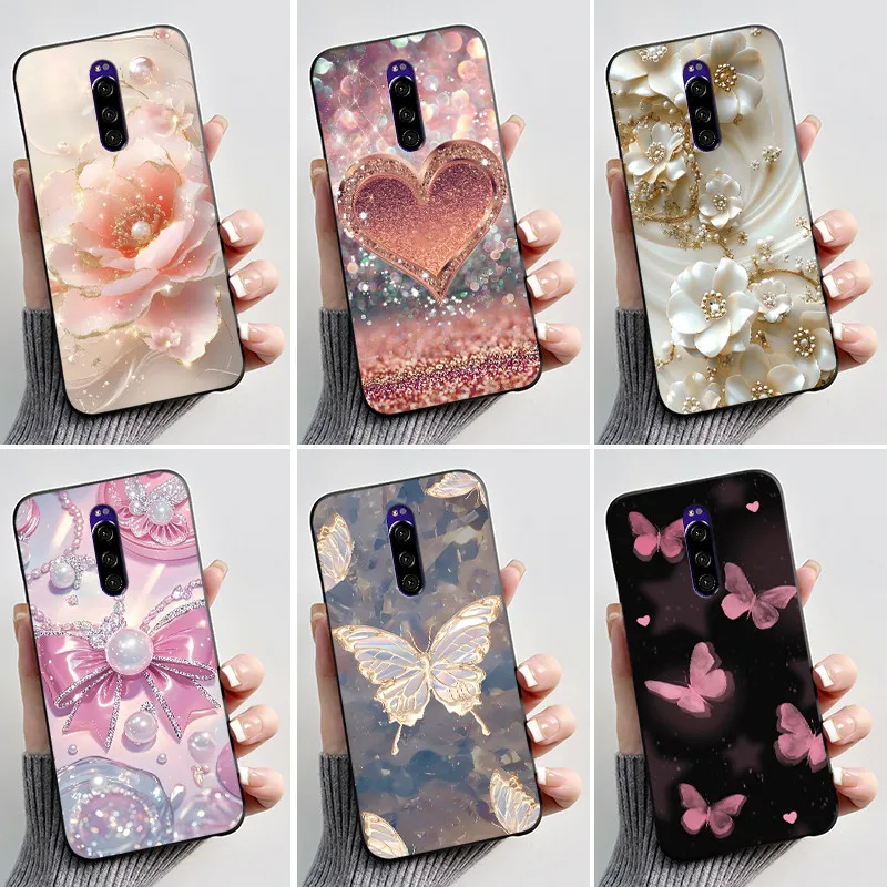 Capa com estampa de desenho animado para Sony Xperia 1 / Xperia XZ4, capa de silicone macia preta, capa protetora com estampa de flor fofa.