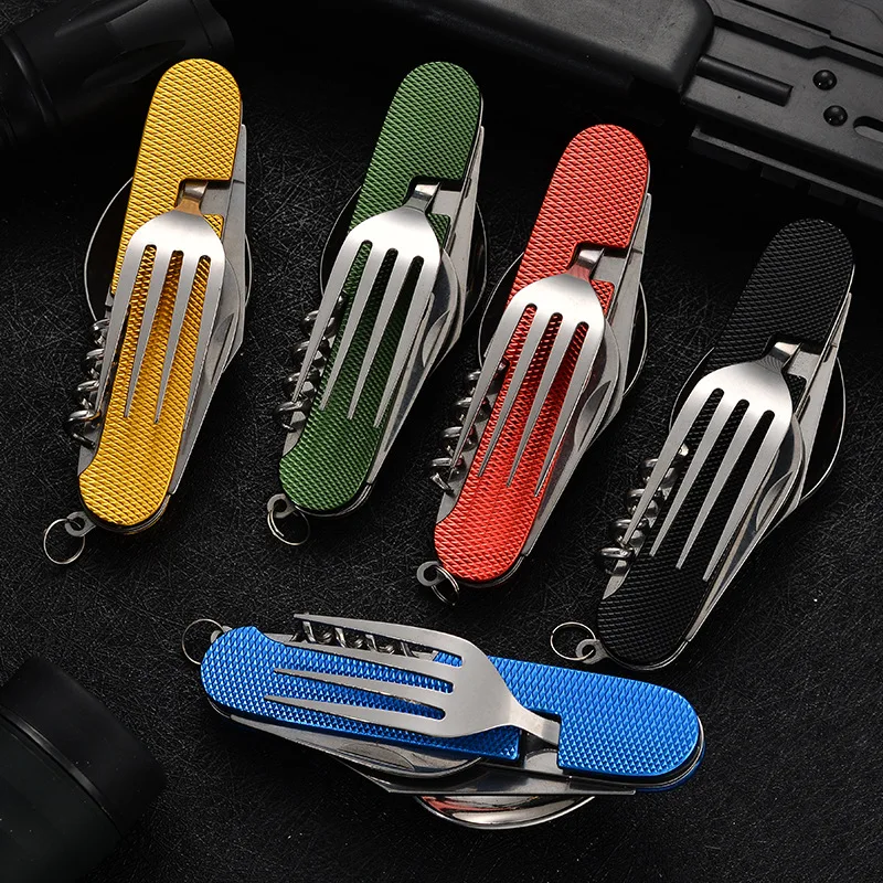 6 In 1 Detachable Tableware Multifunctional Camping Stainless Steel Fork Knife Spoon Bottle Opener Fold Outdoor Hiking Travel