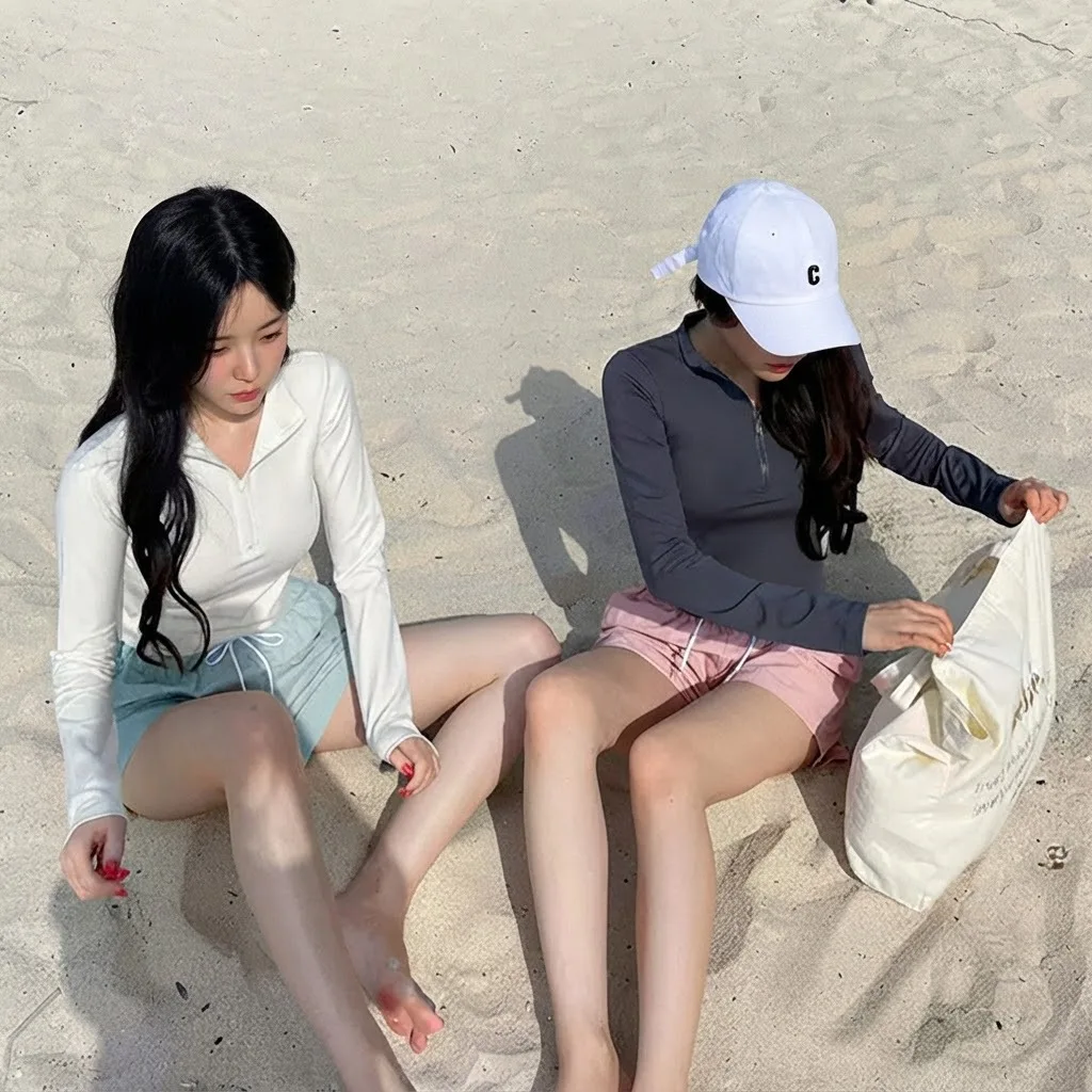 Koreanischer Stil Teenager Dreiteiliger Bikini mit Langarm-Überzug und Shorts Damen Badeanzug Strandurlaub Konservativer Badeanzug – Detail 4