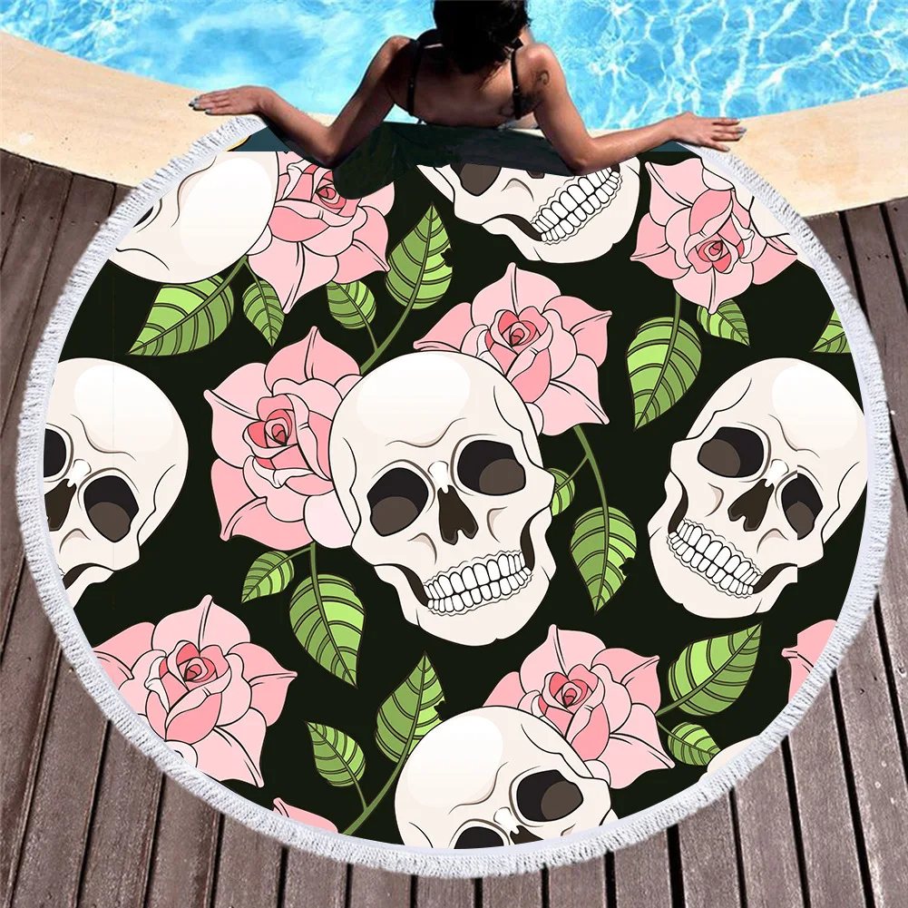 Towel Beach Towel Shawl Fast Drying Swimming Gym Camping Big Round Beach Towel Lovers Skull 3D Printed Beach Towel