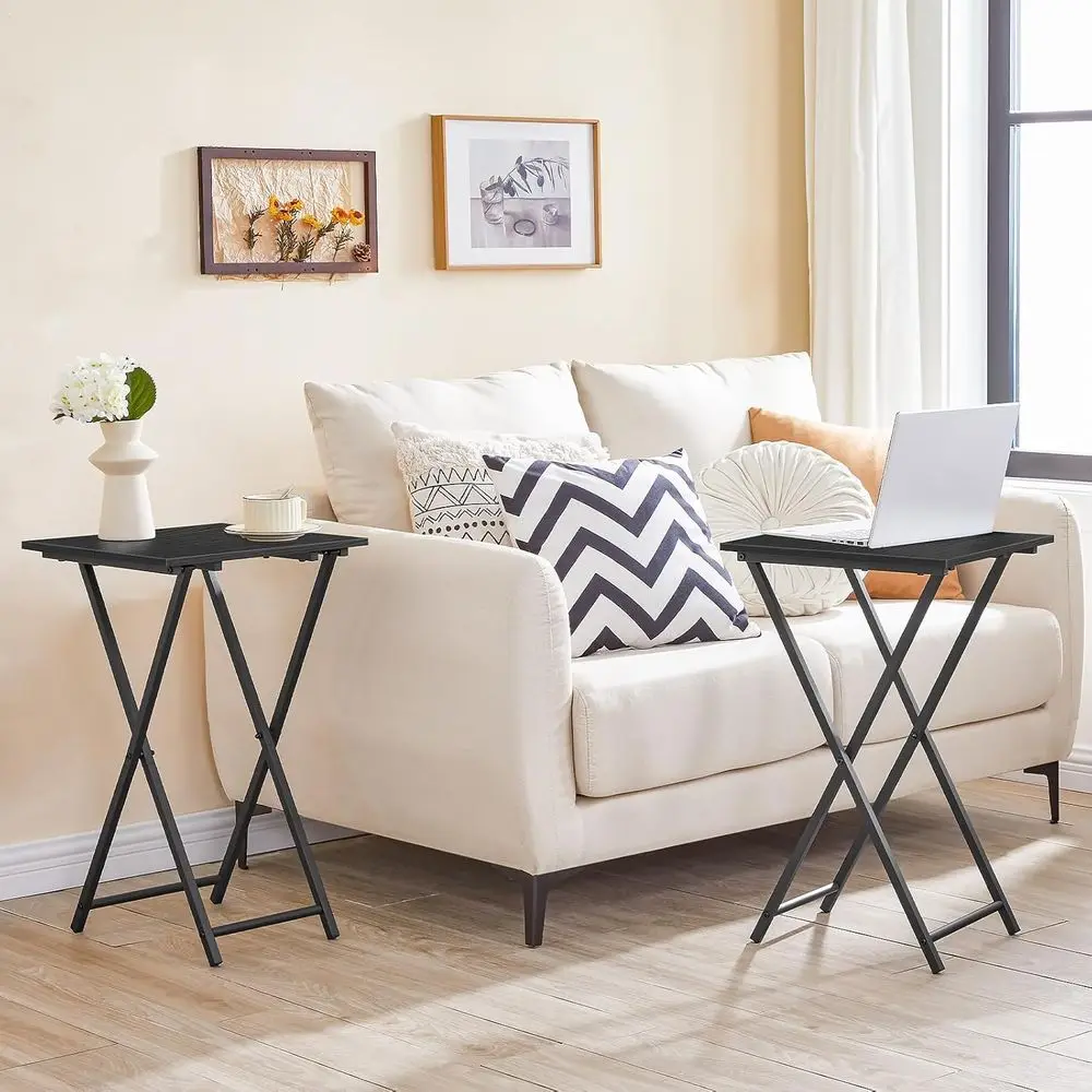 Set 2 Meja TV Lipat Kayu, Meja Camilan Portabel untuk Sofa, Meja Industri Ringkas, Perakitan Mudah, Hemat Ruang, Hitam