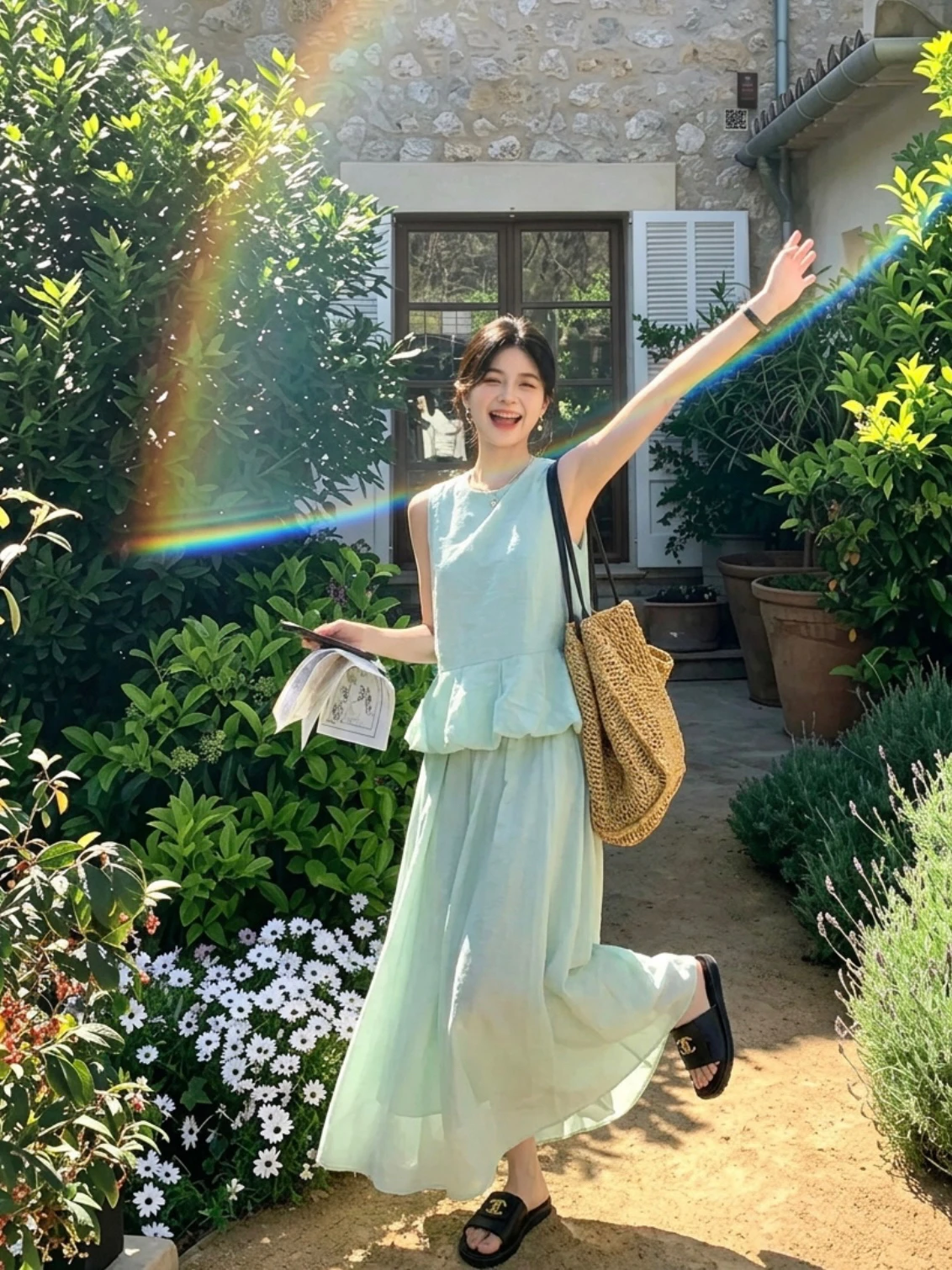 

Summer Gentle Wind Set Green round Neck Sleeveless Flower Bud Vest Women High Waist Skirt A-Line Long Dress Two-Piece Set