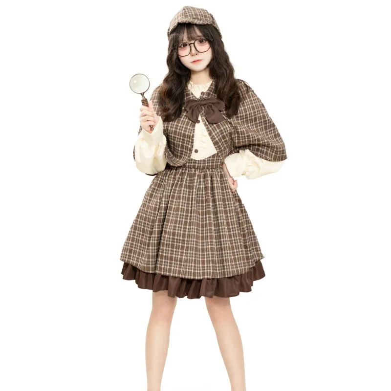 Girls Detective Cosplay Costume Lolita British Style High Collar Long Sleeve Dress Women Reasoning Game Costumes for Women Girl