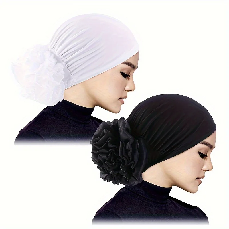 2/Pcs Women's Hijabs Turban Big Flower Elastic Cloth Hair Bands Hat Beanie Muslim Solid Hair Loss Scarf Cap Hair Accessories