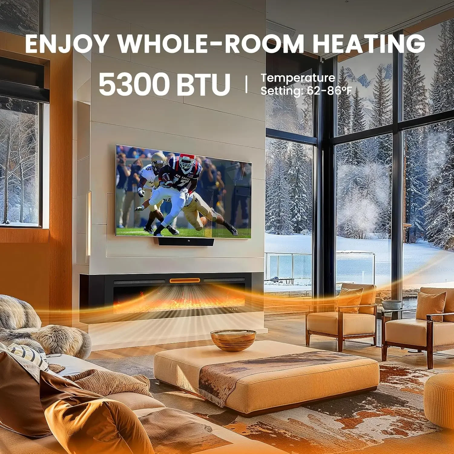 60″ Electric Fireplace Heater with App & Remote Control, 5300 BTU Heat Output, Ultra-Slim Wall-Mounted or Recessed Electric Fire