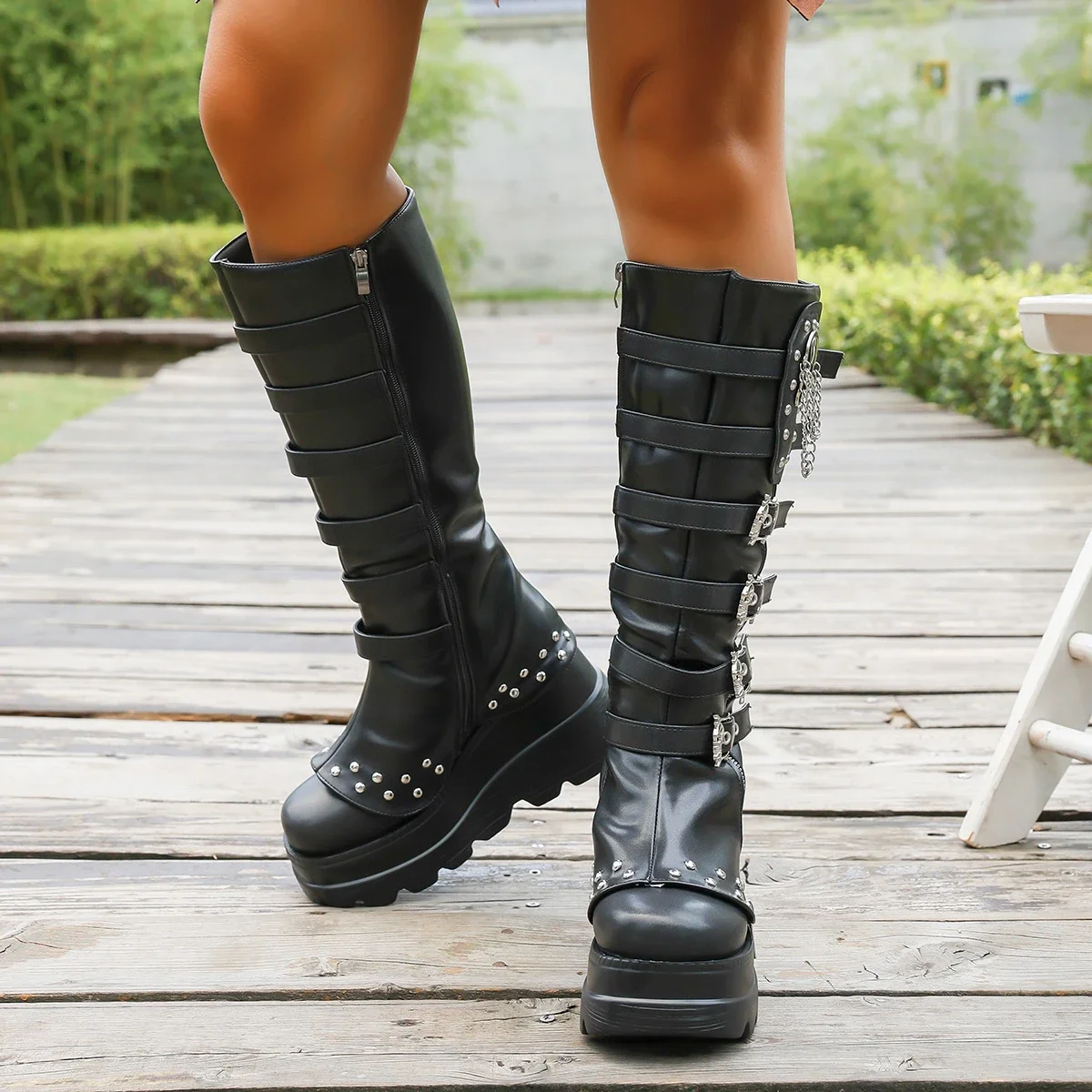 المرأة حذاء برقبة للركبة الشرير نمط القوطية الأحذية حزام مشبك تصميم المرأة الارتفاع زيادة منصة الجوارب بوتاس Largas Mujer #4