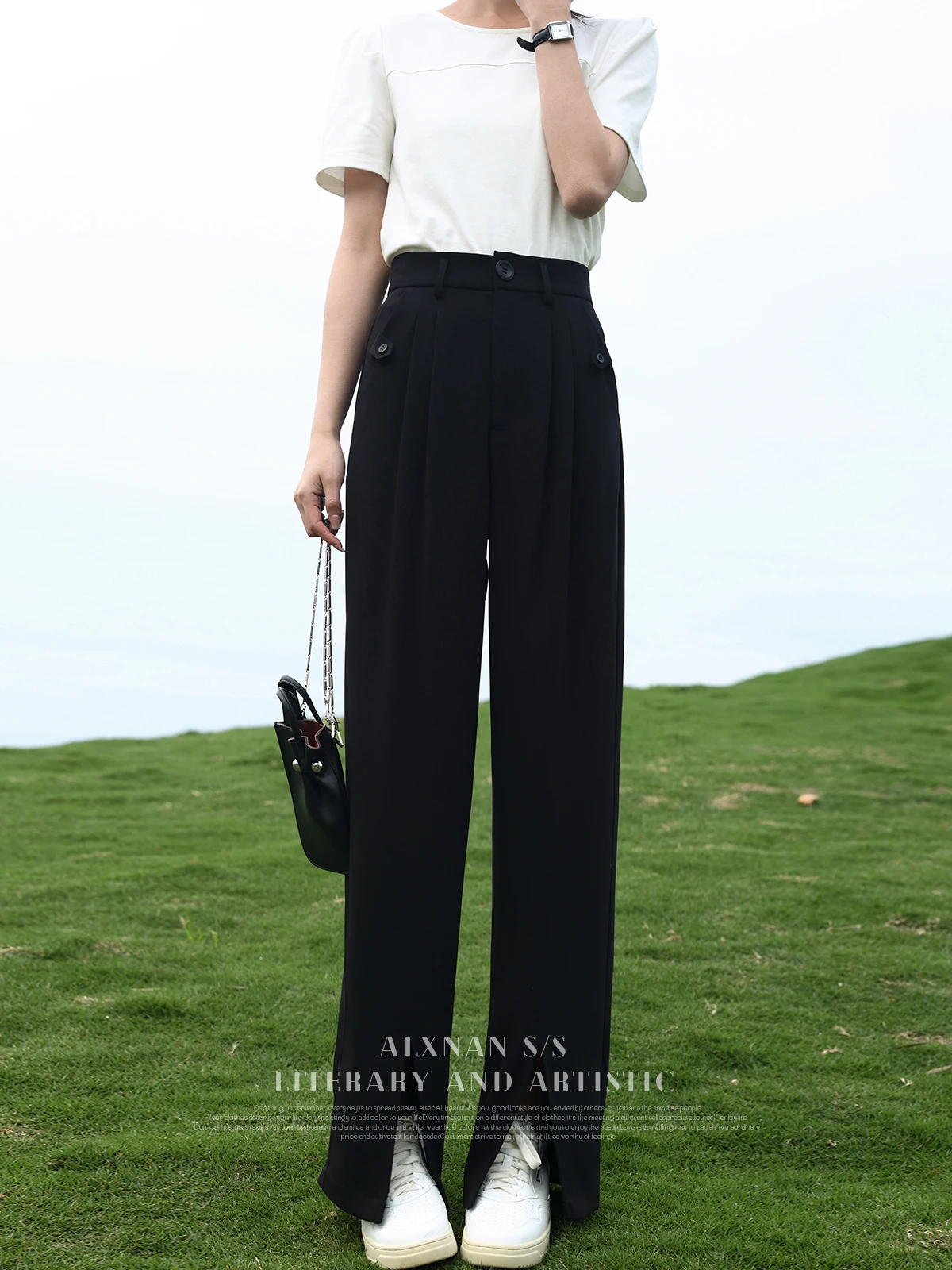 

ALXNAN Black Loose Dress Pant Woman 2024 Summer Fashion High Waisted Split Straight Suit Pants Commuter Casual Trousers LXN25325