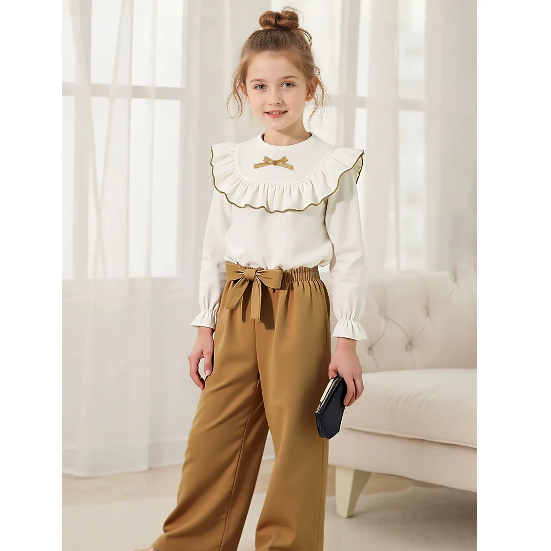

2pcs Girls' Autumn Outfits Baby Girls Clothes Set with Ruffle Long Sleeve Top and High Waist Pants for Daily Outings For 3-8Y
