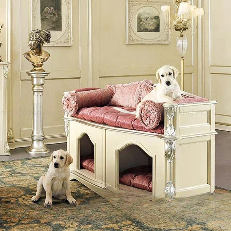 European style solid wood bedroom house beige painted golden dog house pet rest bed villa