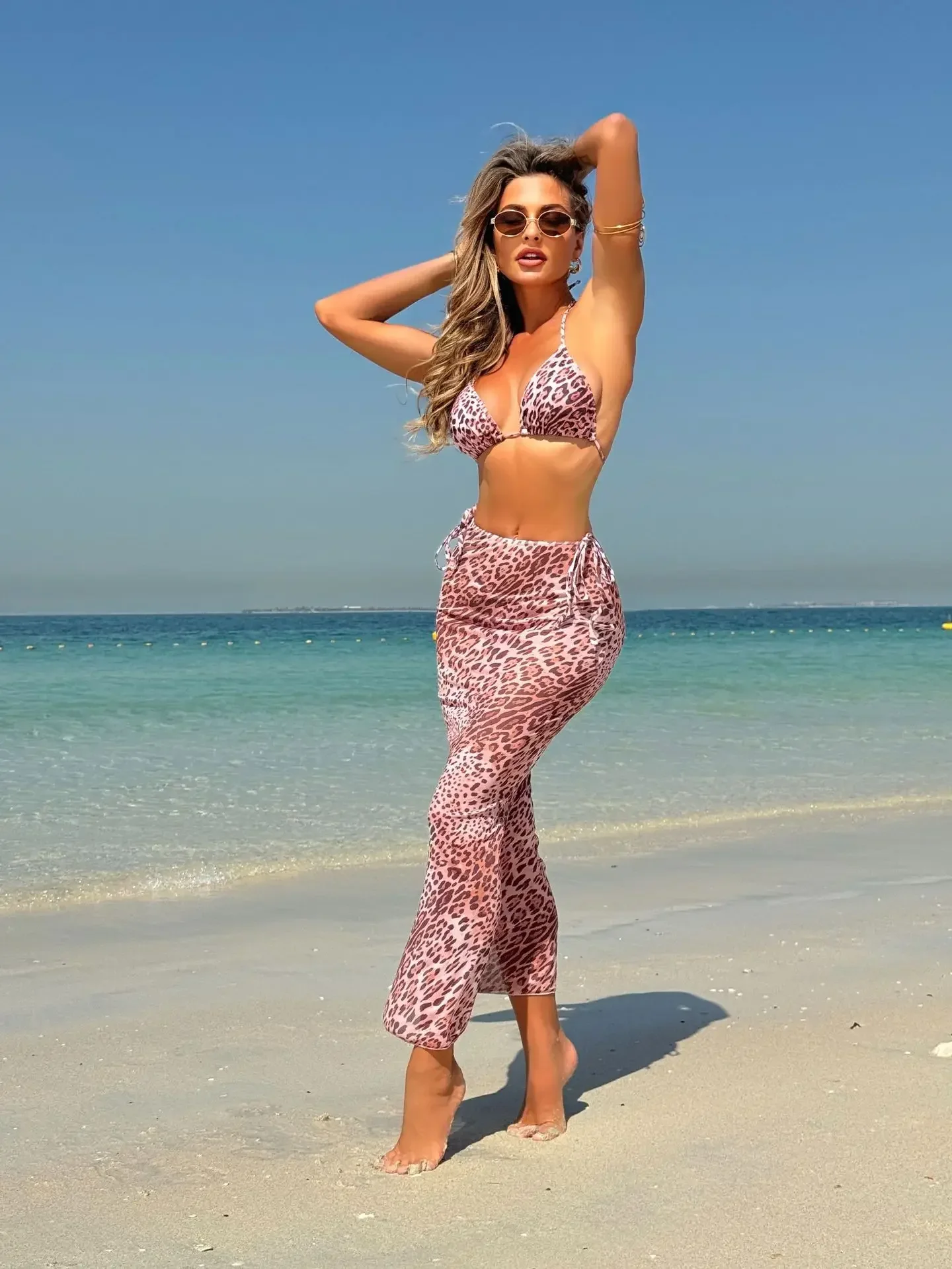 ヴィンテージ レオパード柄 プッシュアップ ビキニセット 3点セット セクシー 三角形水着 レディース 夏用水着 カバーアップ