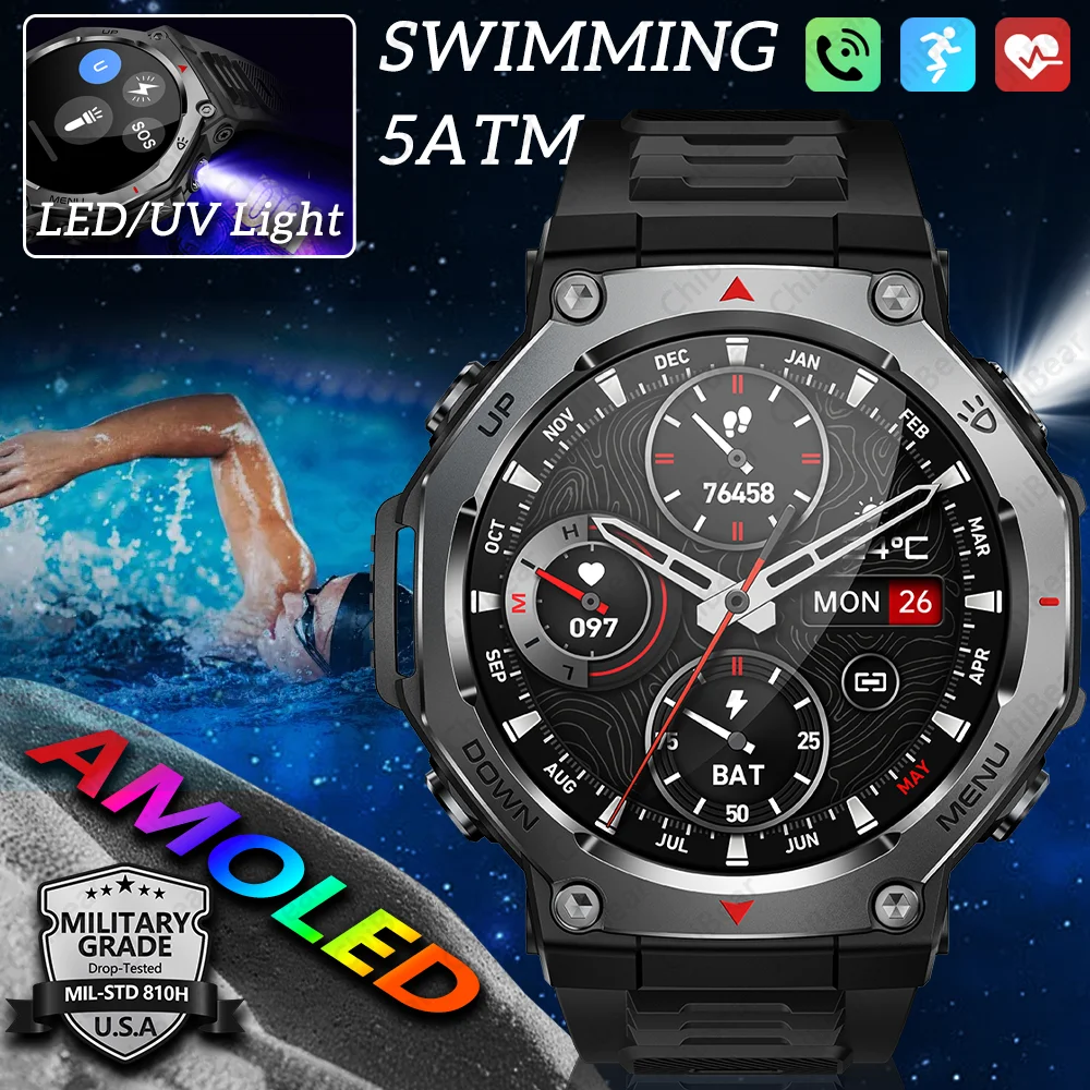 

Новинка 2023 года, 5 атм, умные часы с длительным сроком службы батареи, AMOLED, 525 мАч, Bluetooth-фонарик для вызова, водонепроницаемые умные часы для фитнеса с пульсометром