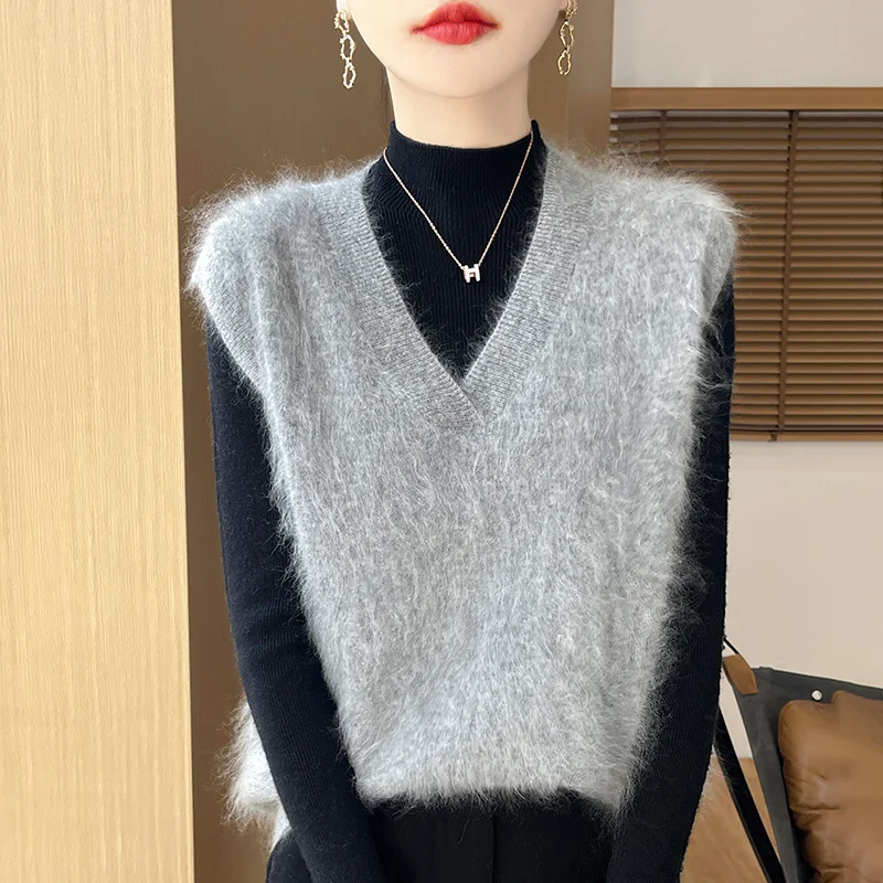 100% Cashmere Vest Women\'s V-Neck Sleeveless Knit Sweater Brushed Wool Loose Pullover Vest Loose Top Autumn and Winter Hot Sales