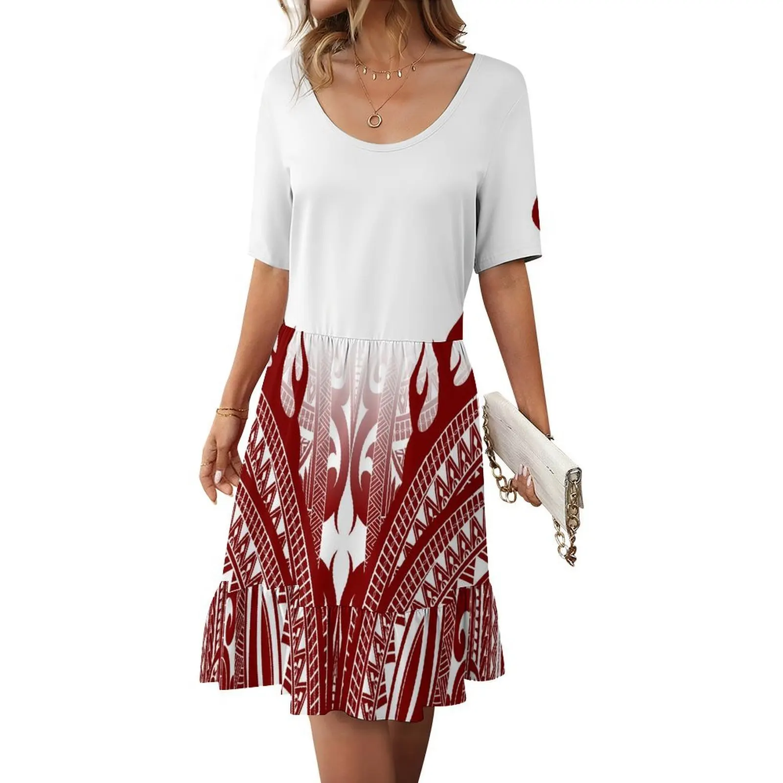 

Polynesian Custom-Made Fashionable And Artistic Round-Neck Short-Sleeved Tribal Pattern Design Ruffled Women'S Dress